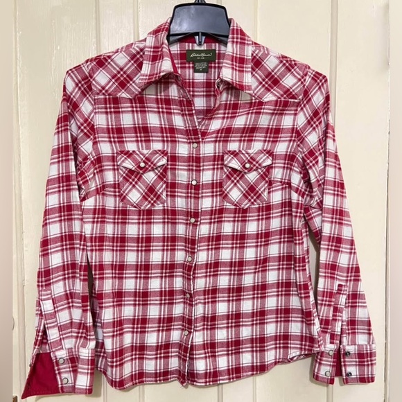 Eddie Bauer Tops - Eddie Bauer women’s red and white plaid western shirt with pearl snaps medium